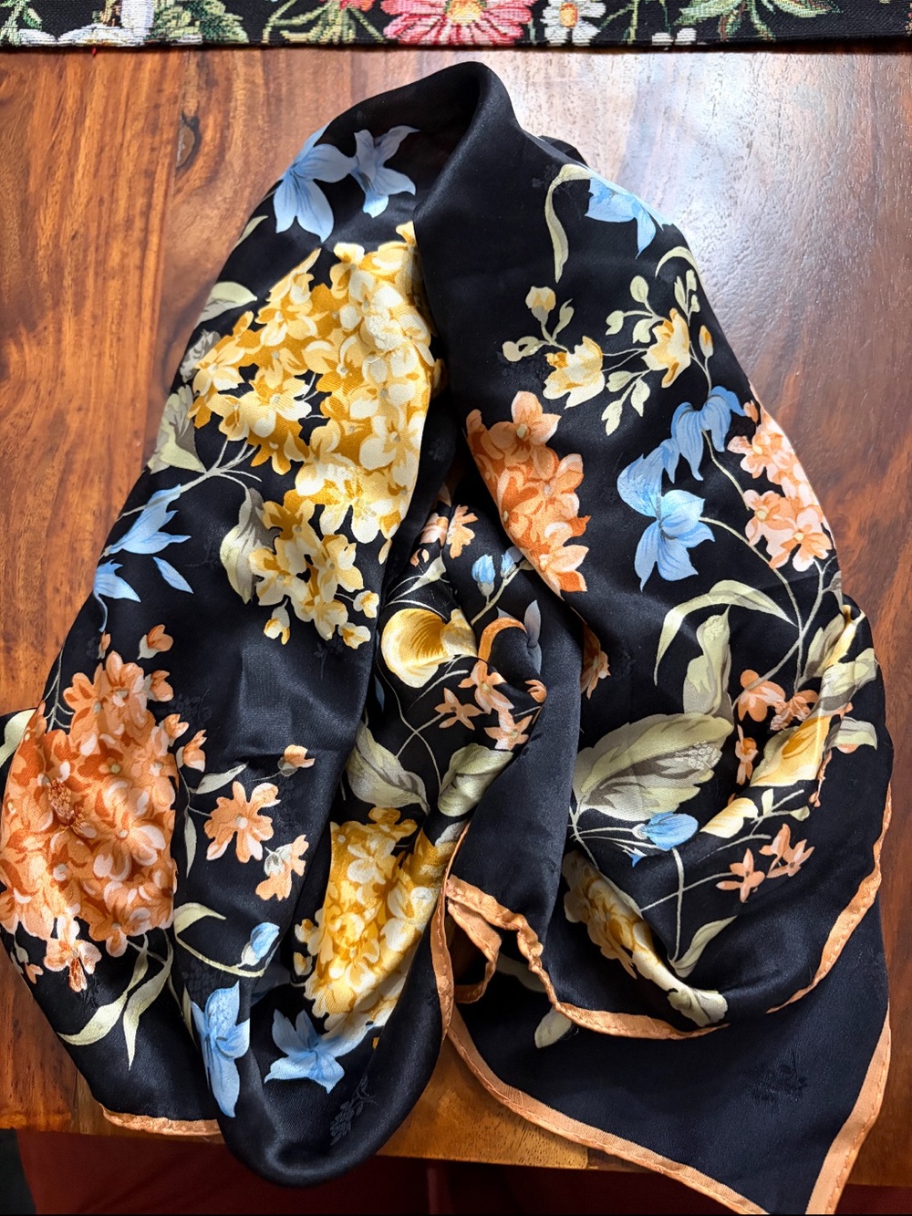 Vintage black Floral satiny feel Throw Scarf with Yellow and Peach Blooms 25 x25